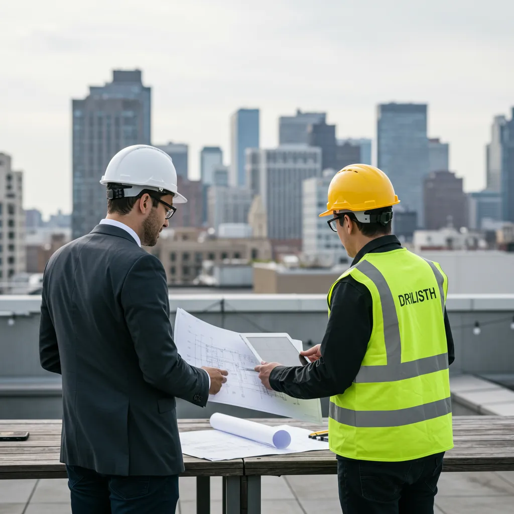 Syndic de copropriété et technicien RGE étudiant les plans d'installation de panneaux solaires sur une toiture