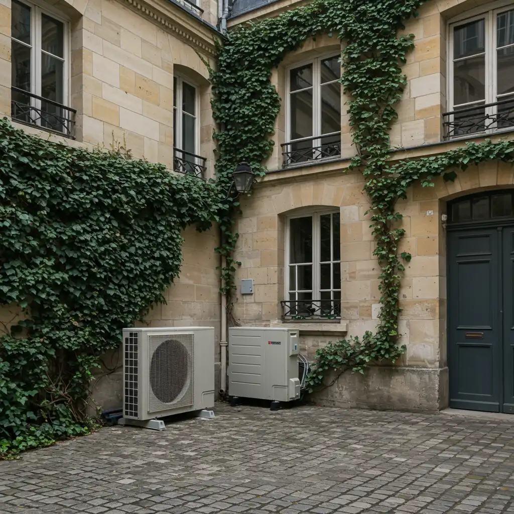 Unité extérieure de pompe à chaleur installée discrètement dans la cour intérieure d'un immeuble haussmannien parisien