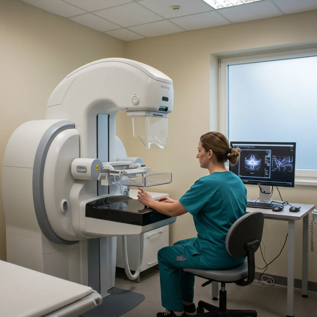 Technicienne médicale consultant les résultats d'une mammographie assistée par intelligence artificielle