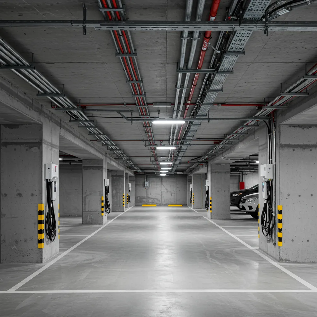 Infrastructure de pré-équipement électrique pour bornes de recharge dans un parking d'immeuble neuf