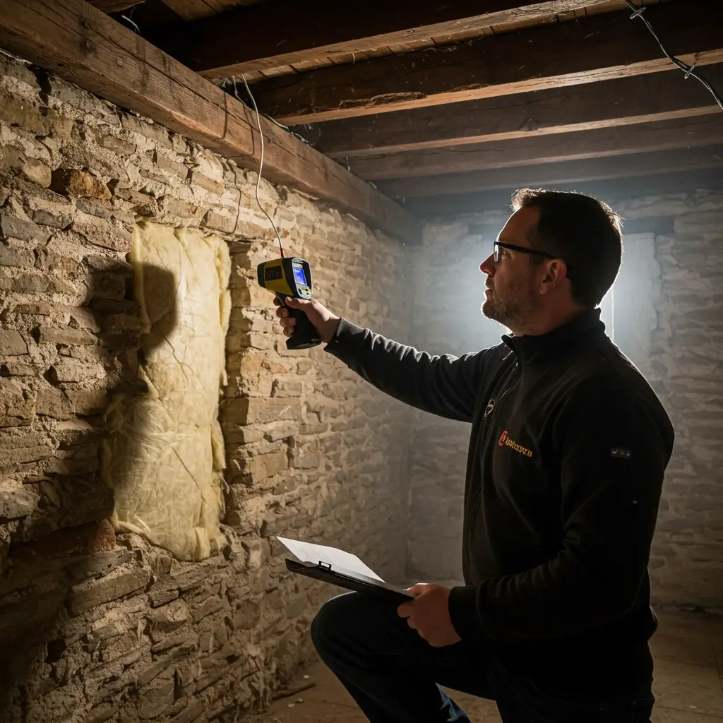 Technicien réalisant un diagnostic thermique dans une maison ancienne avant l'installation d'une pompe à chaleur
