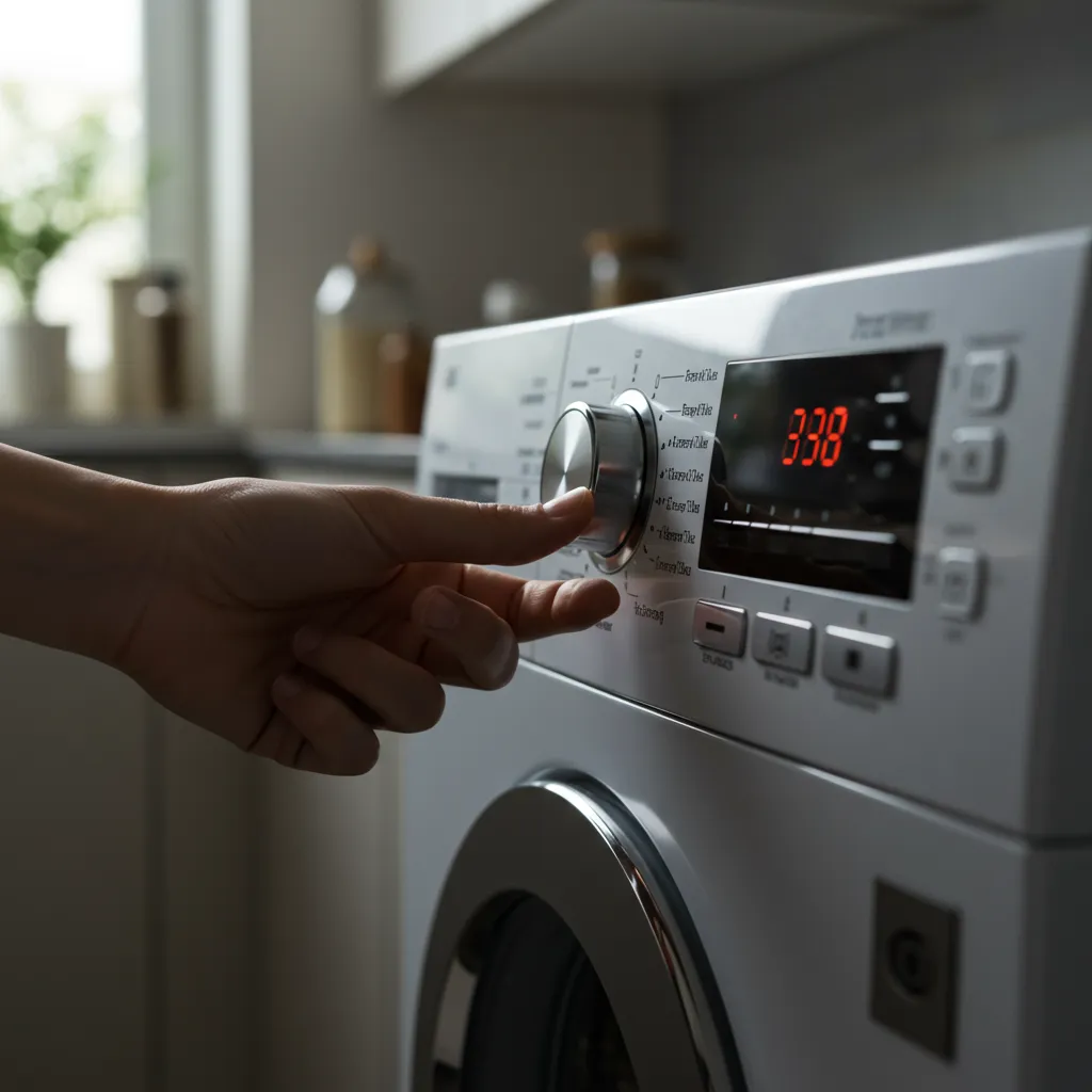 Main réglant la minuterie d'un lave-linge programmable pour optimiser la consommation en heures creuses du tarif Tempo EDF