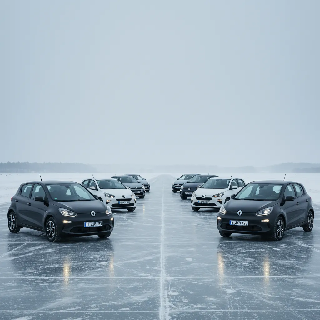Rangée de voitures électriques alignées sur une piste d'essai enneigée lors d'un test d'autonomie par grand froid