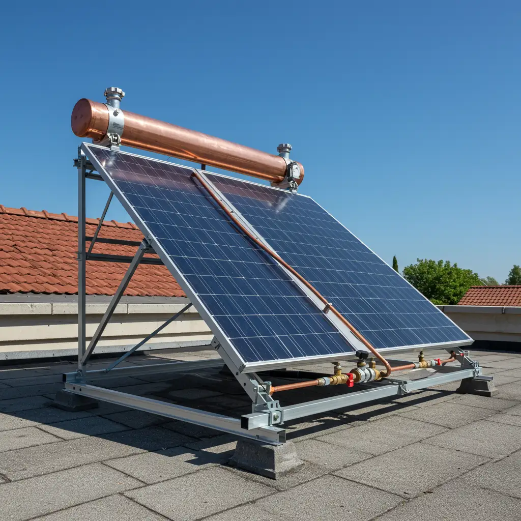 Capteur solaire thermique classique avec tuyauterie en cuivre et circuit de fluide caloporteur sur une toiture