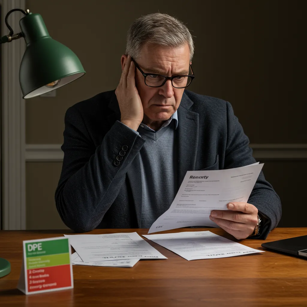 Propriétaire bailleur préoccupé examinant des documents de location et des factures énergétiques face aux risques juridiques du DPE F ou G