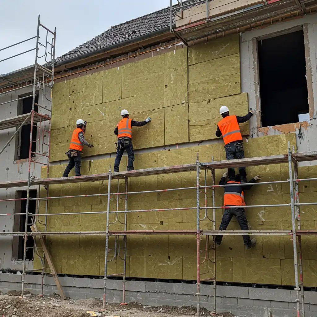 Ouvriers posant des panneaux d'isolation thermique par l'extérieur sur une maison, travaux de rénovation énergétique pour améliorer le DPE