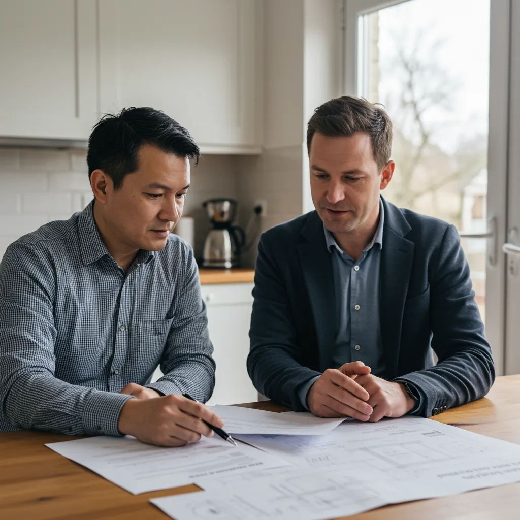 Propriétaire et conseiller en rénovation énergétique étudiant les aides financières disponibles comme MaPrimeRénov' pour rénover un logement classé F ou G