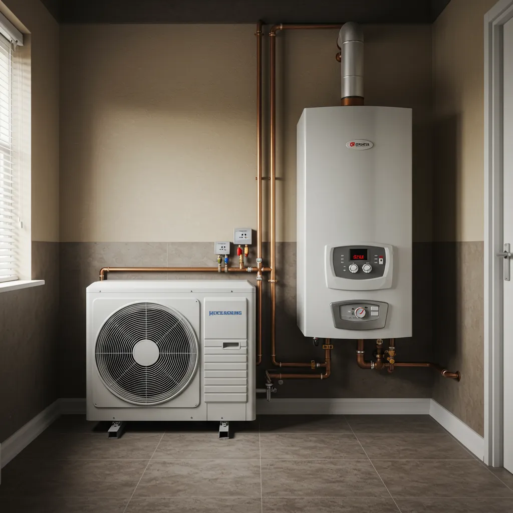 Comparaison côte à côte d'une pompe à chaleur air-eau et d'une chaudière gaz à condensation dans une chaufferie