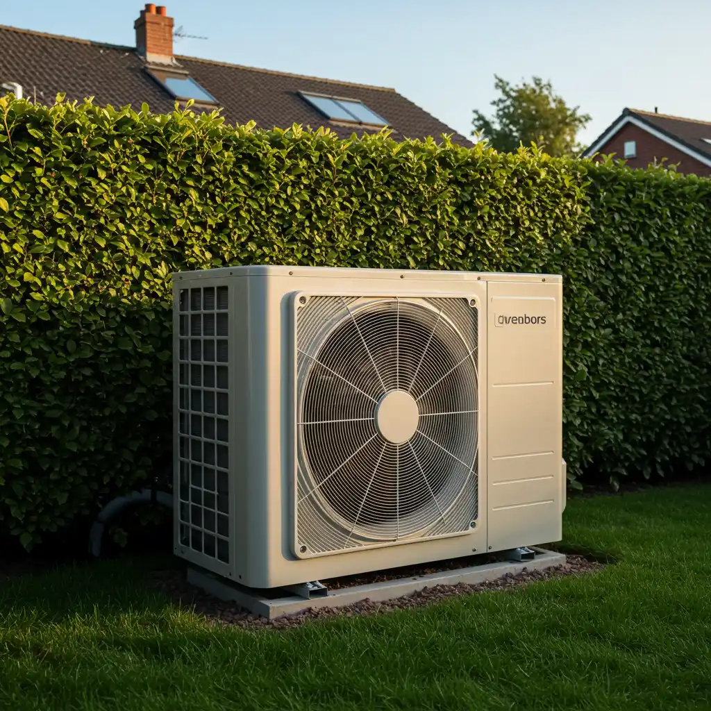 Unité extérieure de pompe à chaleur air-eau installée dans un jardin résidentiel, illustrant le retour sur investissement à long terme