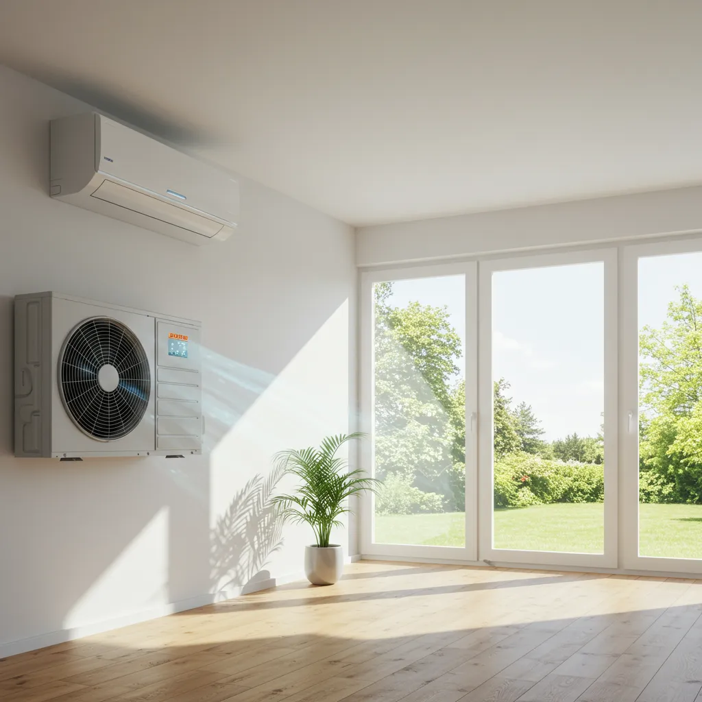 Unité intérieure de pompe à chaleur air-air installée dans un salon moderne bien isolé