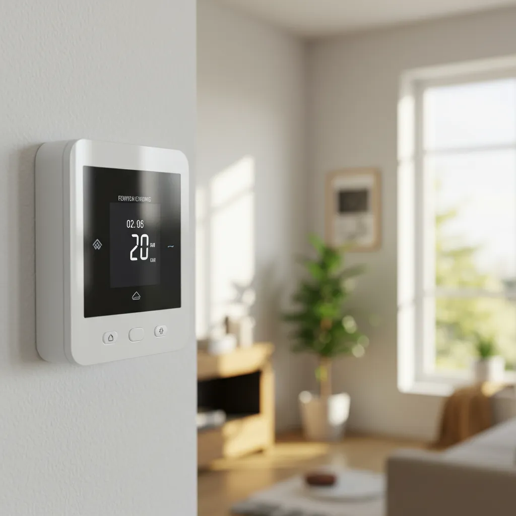 Thermostat connecté d'une pompe à chaleur réversible illustrant les économies d'énergie pour un logement de 80 m²