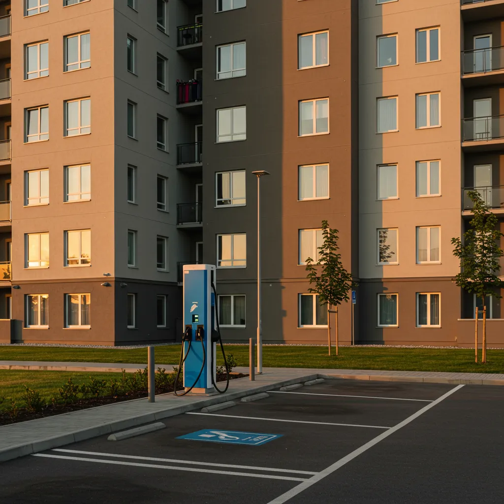 Point de recharge pour véhicule électrique dans le parking d'une résidence, illustrant les alternatives au crédit d'impôt