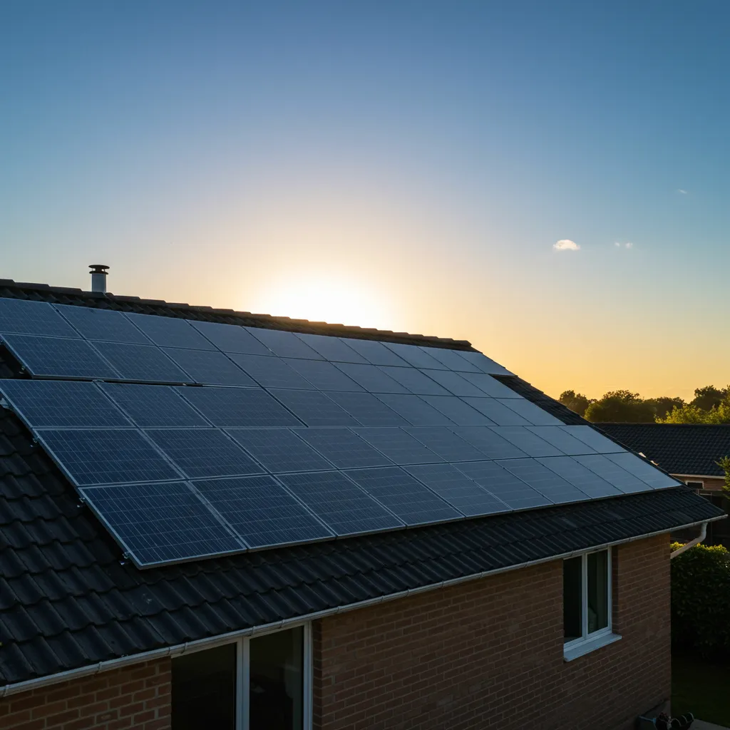 Panneaux solaires photovoltaïques installés sur un toit résidentiel sous un ciel bleu en lumière dorée