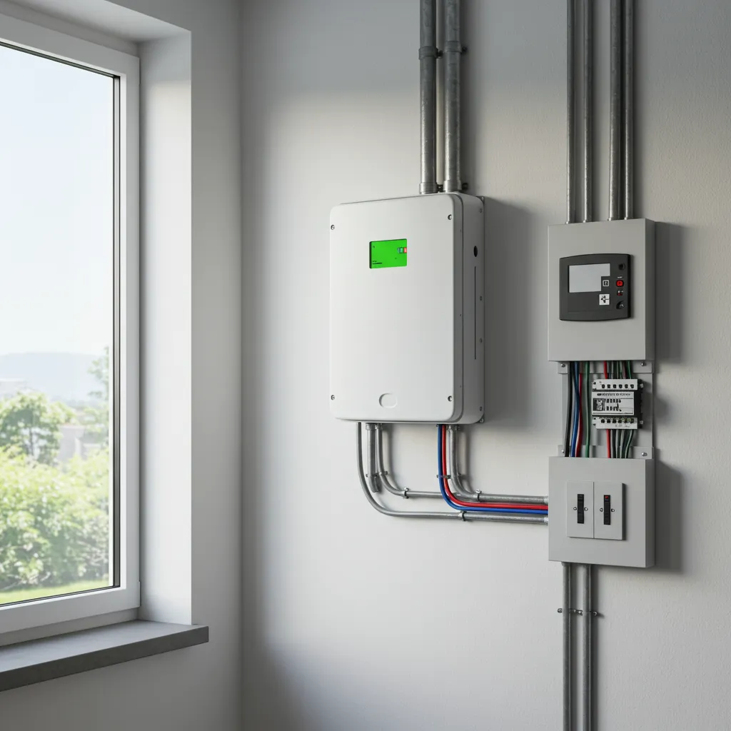 Batterie de stockage d'énergie solaire installée dans une pièce technique d'une maison moderne