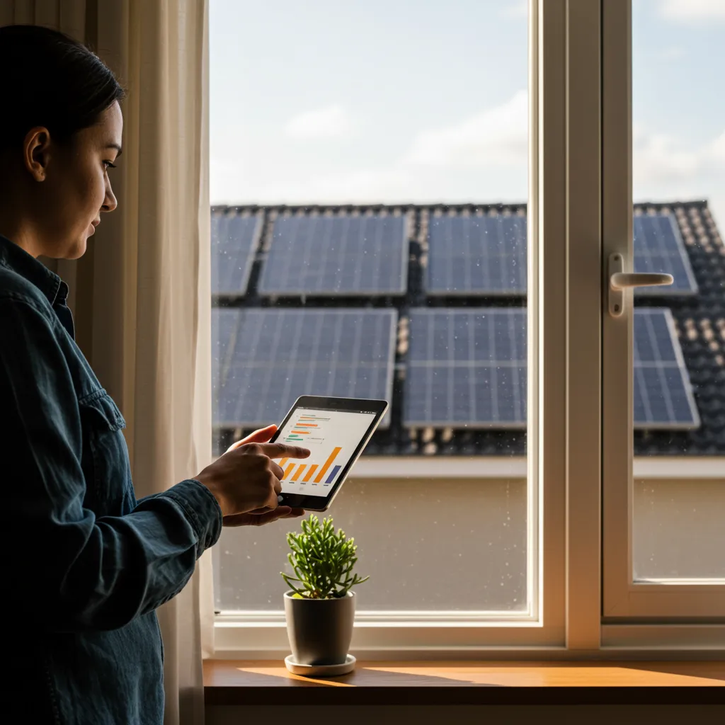 Particulier consultant ses données de production et de consommation solaire sur une tablette, panneaux visibles en arrière-plan