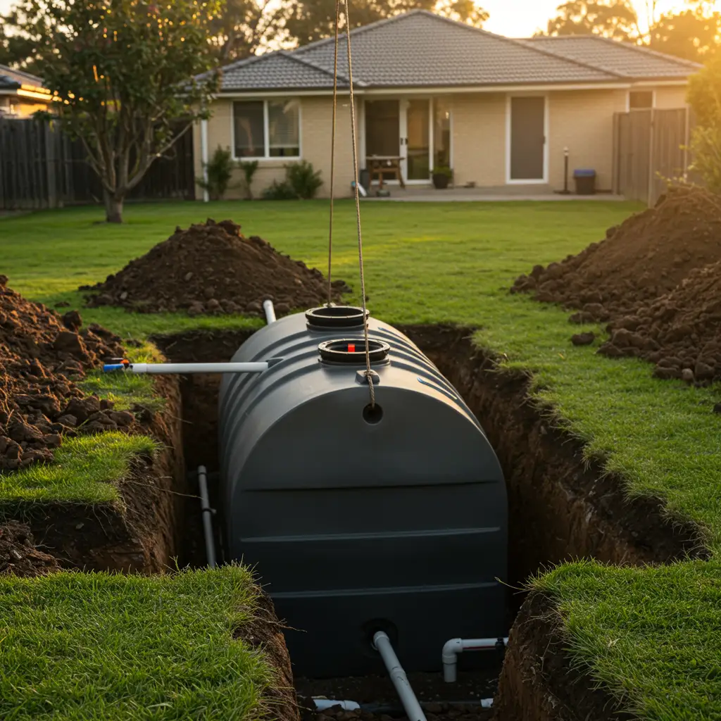 Cuve de récupération d'eau de pluie enterrée en polyéthylène lors de son installation dans un jardin