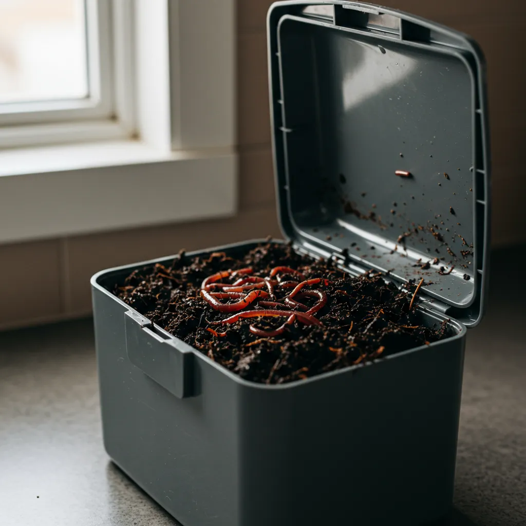 Lombricomposteur ouvert révélant des vers rouges Eisenia fœtida dans un compost sombre et humide