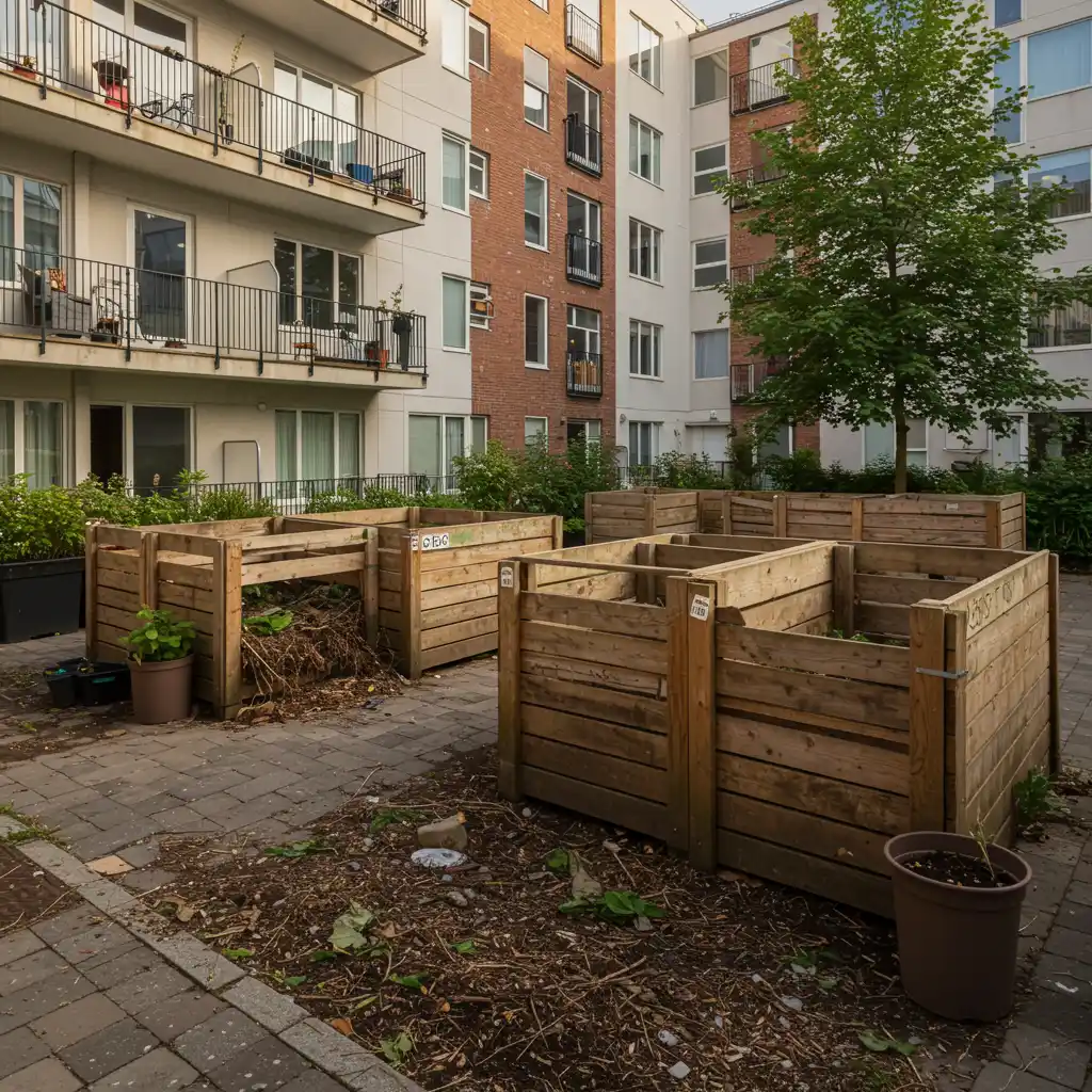 Composteur collectif en pied d'immeuble dans une cour résidentielle, solution partagée pour les copropriétés