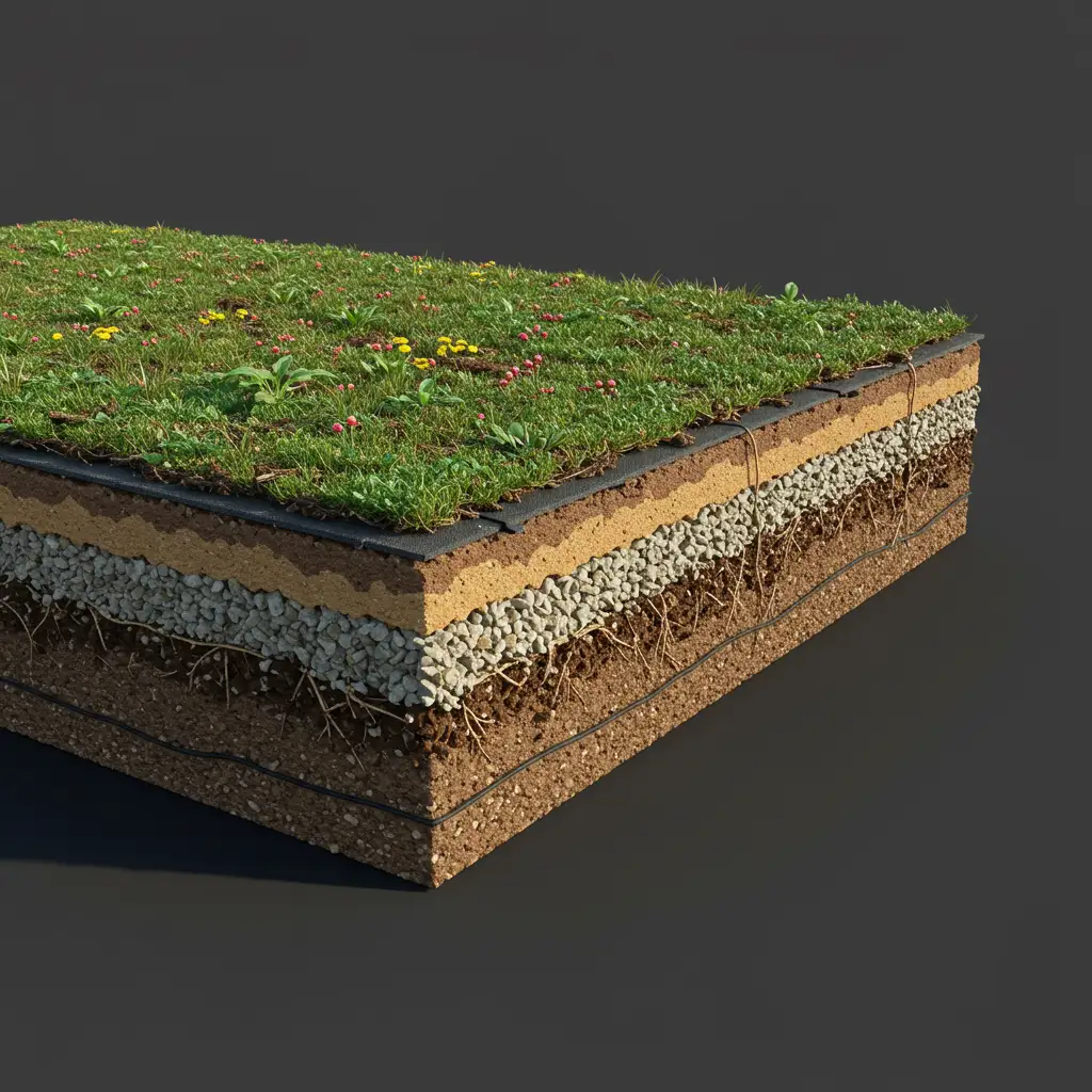 Coupe transversale des couches d'une toiture végétalisée extensive montrant le substrat minéral léger et la couche drainante
