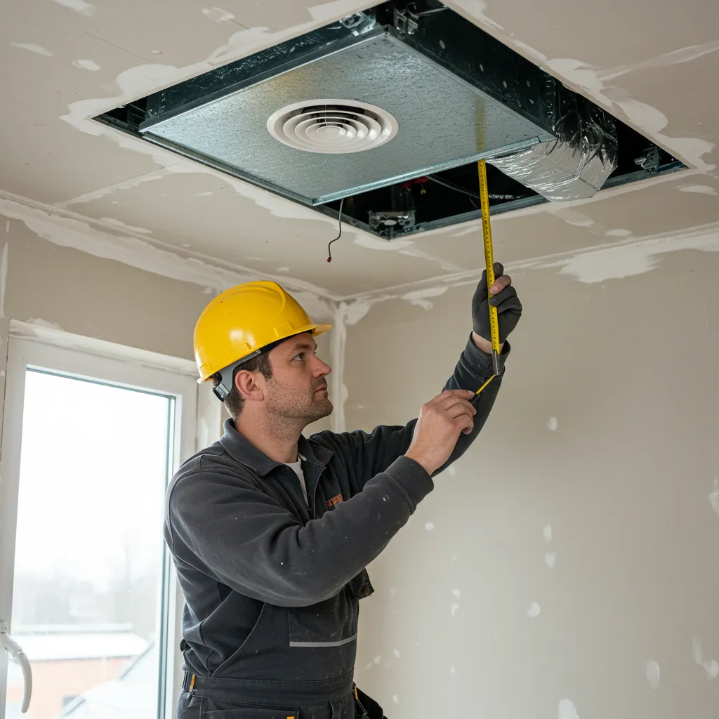 Technicien vérifiant l'installation d'une VMC double flux lors des étapes finales d'une rénovation résidentielle