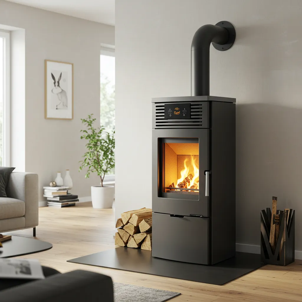 Poêle à granulés labellisé Flamme Verte installé dans une maison neuve RE 2020 avec prise d'air extérieure