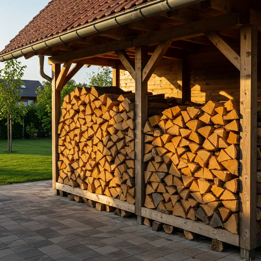 Stockage de bûches de bois séchées dans un bûchier extérieur pour le chauffage d'une maison bien isolée