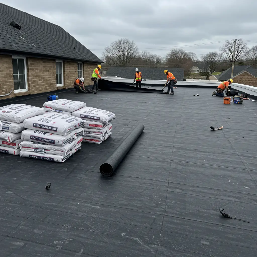 Équipe de pose installant les couches d'un toit végétalisé extensif sur un garage plat, avec membranes drainantes et sacs de substrat prêts à l'emploi