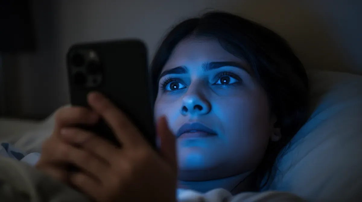 Personne utilisant un smartphone au lit la nuit, lumière bleue éclairant son visage