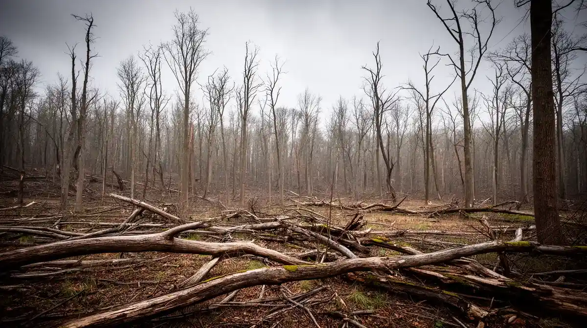 Vue large d'une forêt du Nord-Est de la France avec des arbres tombés et une canopée clairsemée