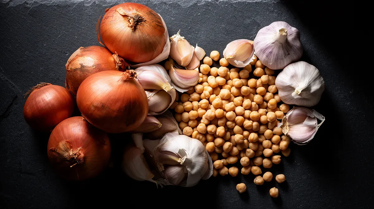 Vue de dessus d'oignons crus, gousses d'ail et pois chiches sur une ardoise noire