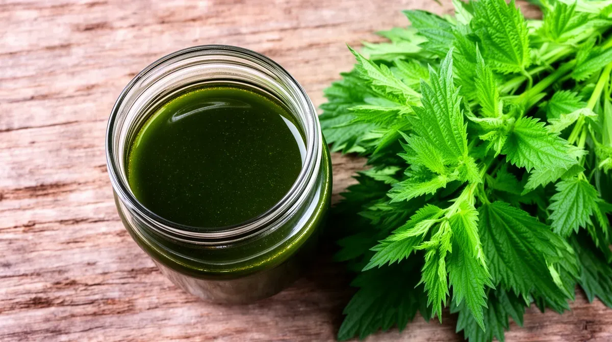 Purin d'ortie dans un bocal en verre avec feuilles d'ortie fraîches à côté