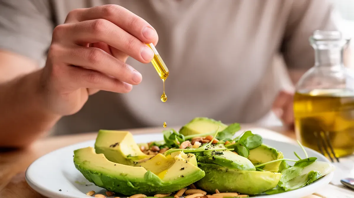 Personne prenant de la vitamine D avec un repas contenant des lipides