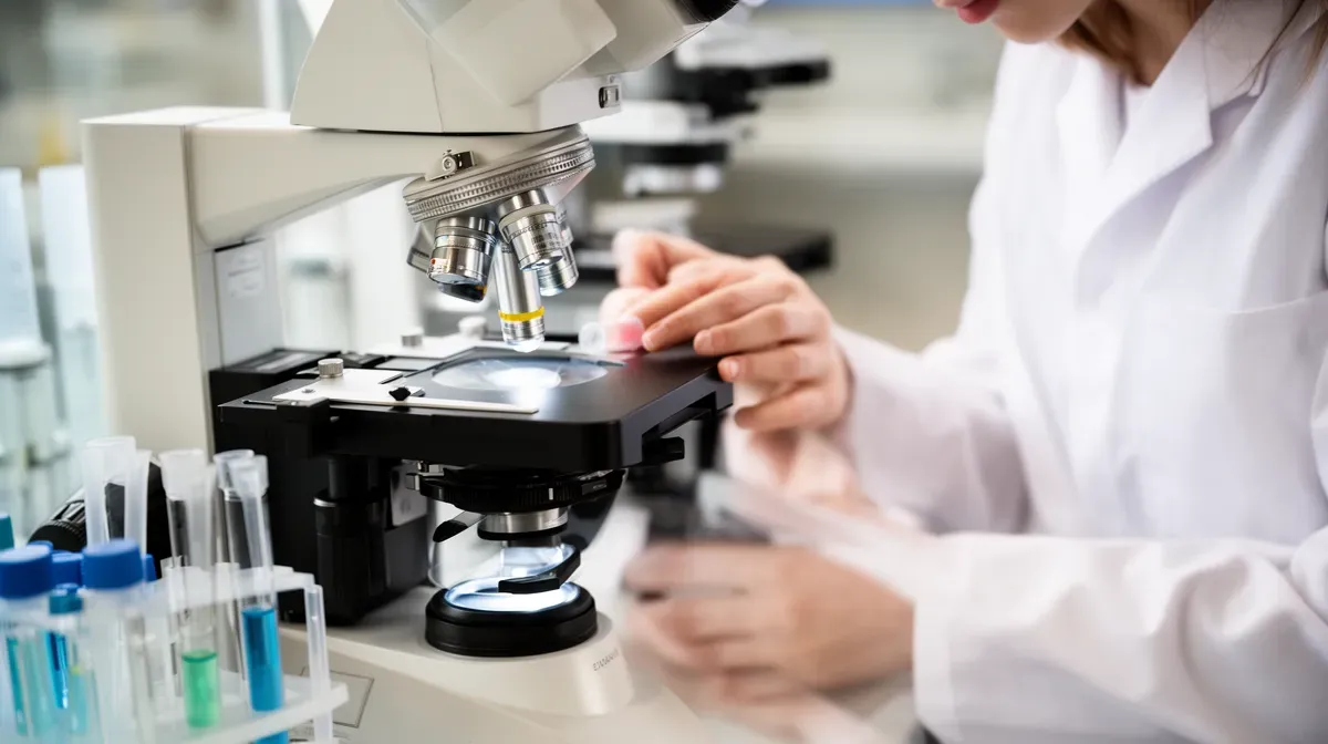 Scientifique analysant des échantillons d'eau avec un microscope Raman en laboratoire