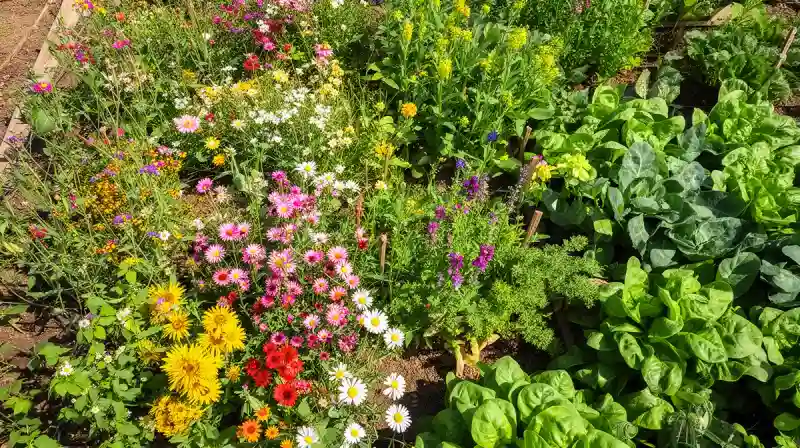 Vue de dessus d'une ferme biologique diversifiée avec des fleurs, des insectes et des légumes colorés