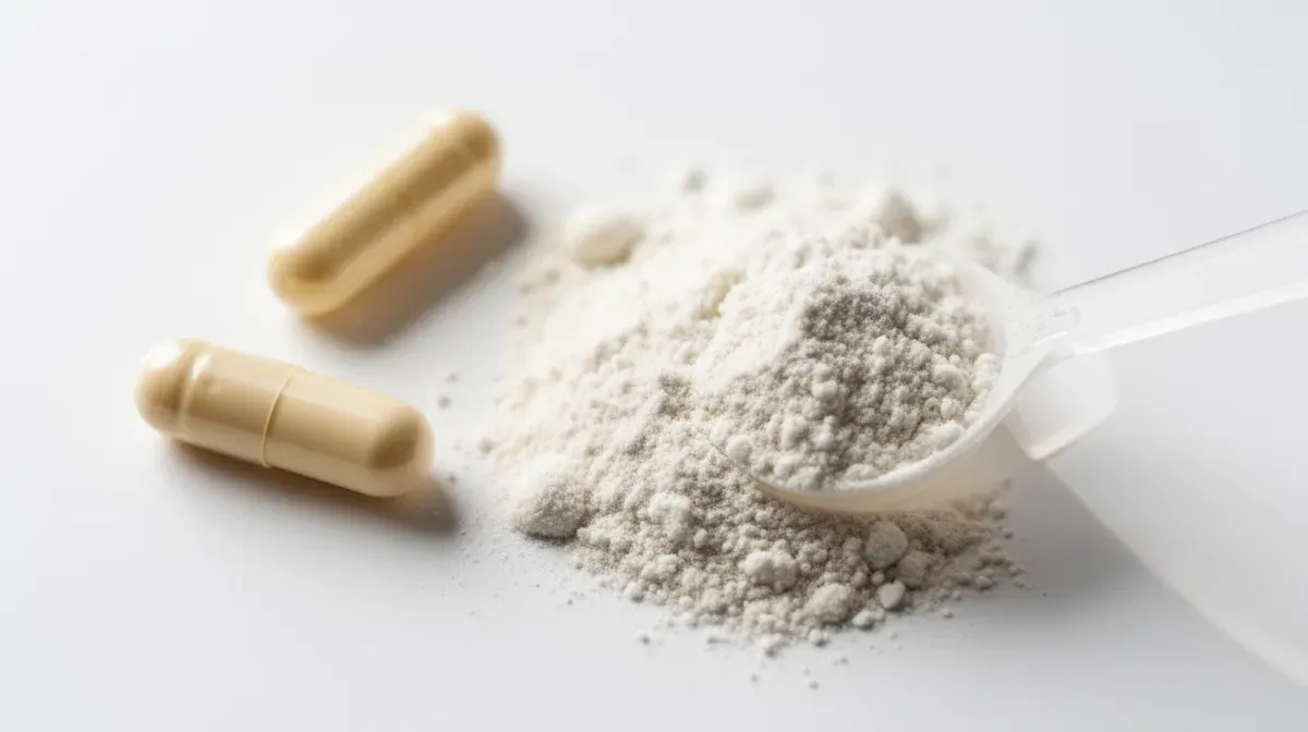 Gros plan sur des gélules et une poudre de probiotiques, disposition minimaliste